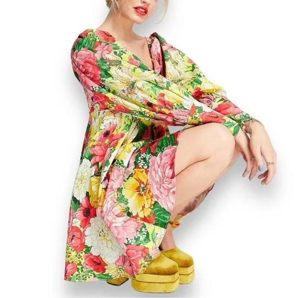 ASOS EDITION OFF SHOULDER MINI DRESS FLORAL PRINTS BALLOON SLEEVE BABYDOLL DRESS - Picture 5 of 17